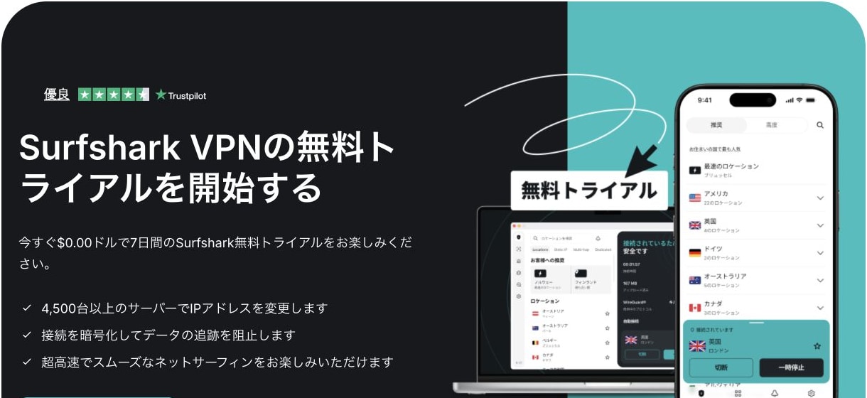 Surfshark公式の7日間無料トライアル案内